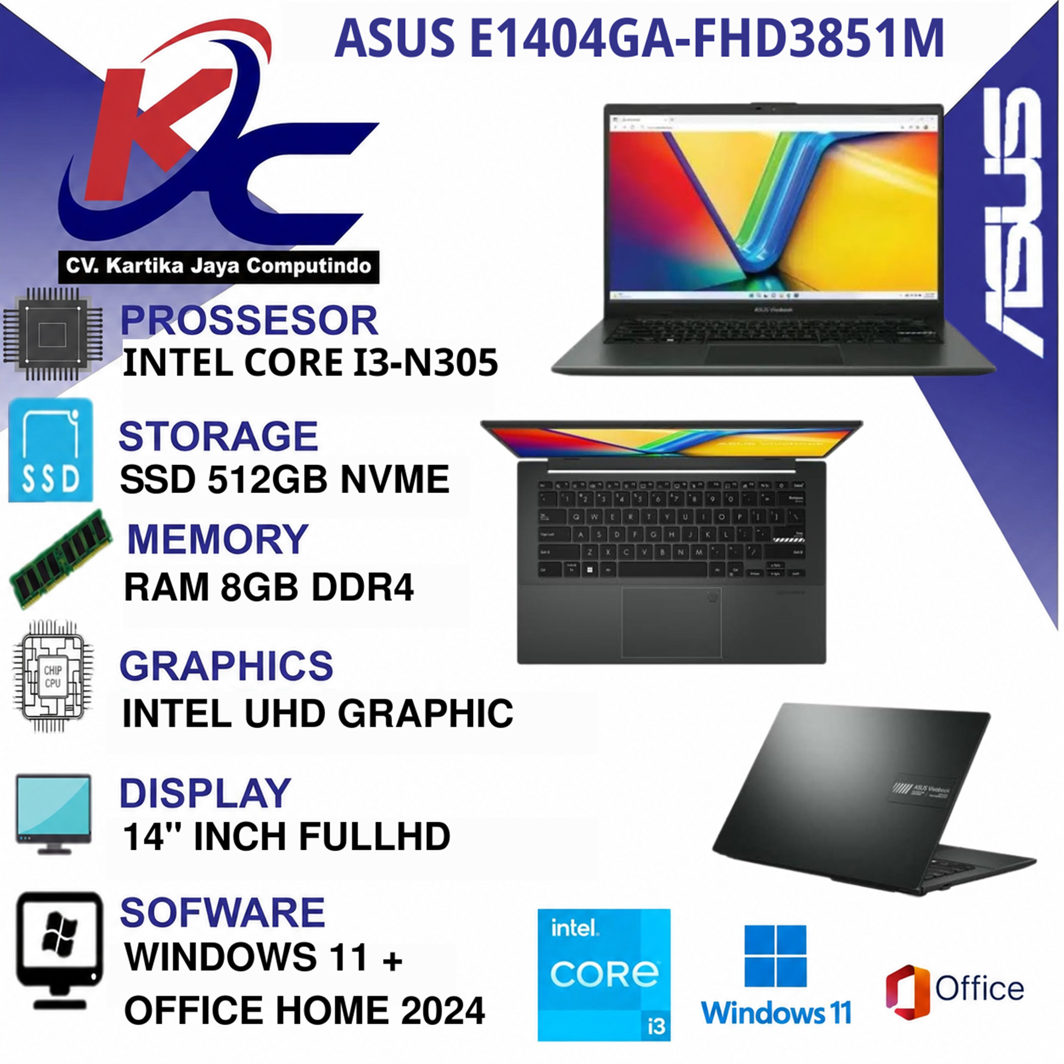 ASUS E1404GA-FHD3851M I3-N305/ 8GB/ 512GB/ W11 OHS+M365 BLACK